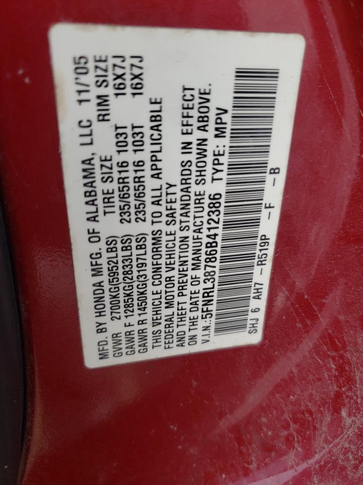 2006 Honda Odyssey Exl VIN: 5FNRL38786B412386 Lot: 66353845