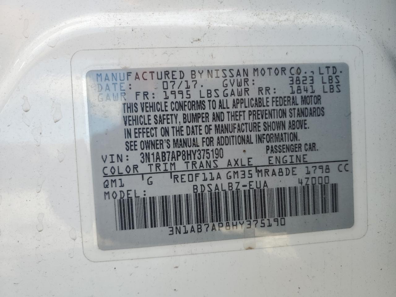 2017 Nissan Sentra S VIN: 3N1AB7AP8HY375190 Lot: 84872605