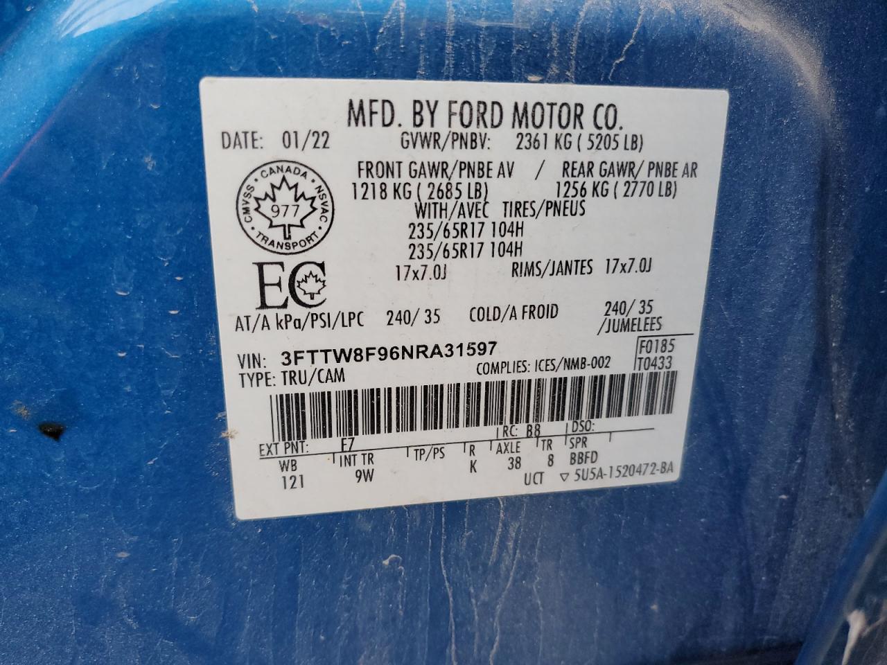 2022 Ford Maverick Xl VIN: 3FTTW8F96NRA31597 Lot: 68151485