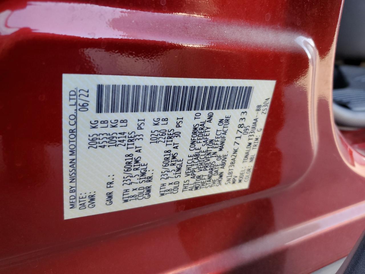 2022 Nissan Rogue Sv VIN: 5N1BT3BA2NC717833 Lot: 67864925