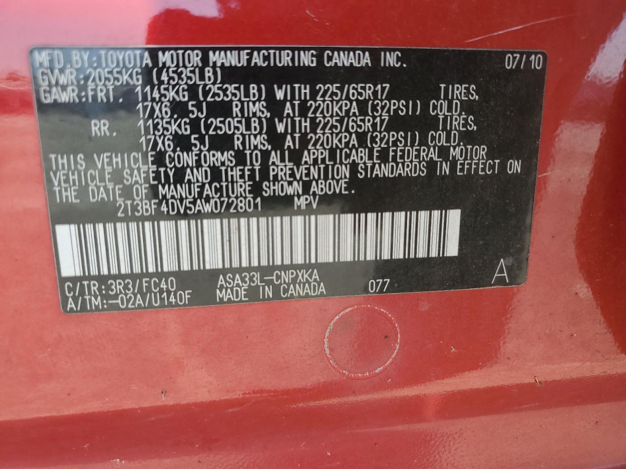 2010 Toyota Rav4 VIN: 2T3BF4DV5AW072801 Lot: 70221835