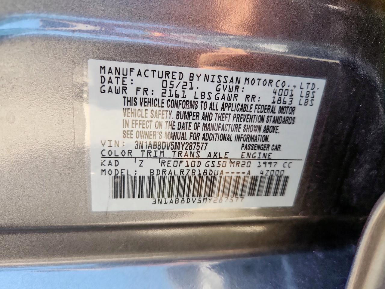 2021 Nissan Sentra Sr VIN: 3N1AB8DV5MY287577 Lot: 69203175