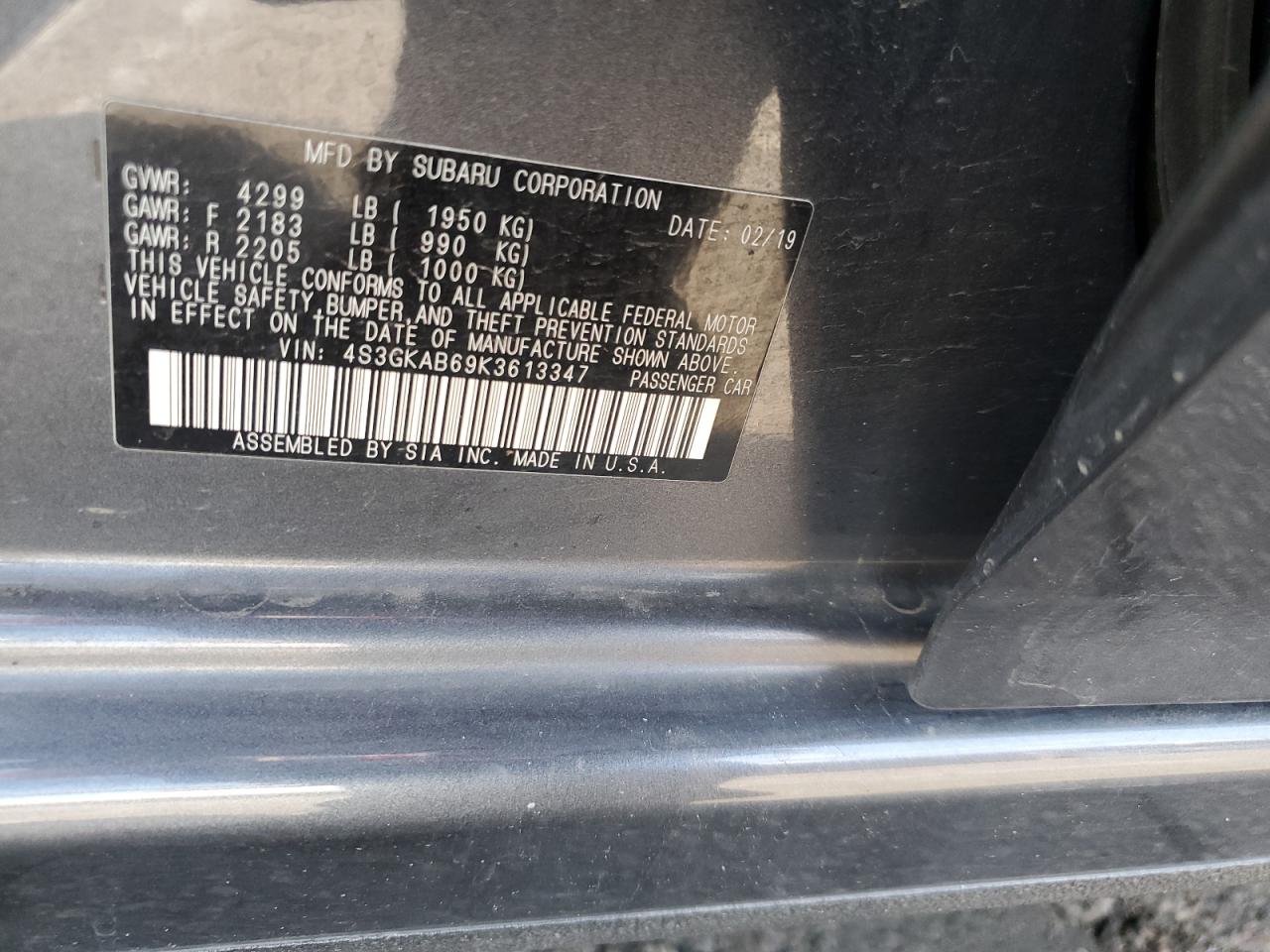 2019 Subaru Impreza VIN: 4S3GKAB69K3613347 Lot: 70879485
