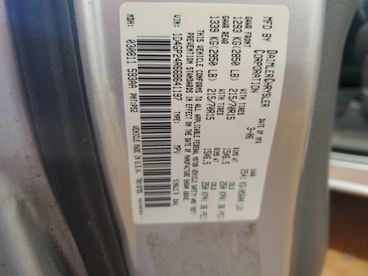 2006 Dodge Grand Caravan Se VIN: 1D4GP24R66B641197 Lot: 70462715