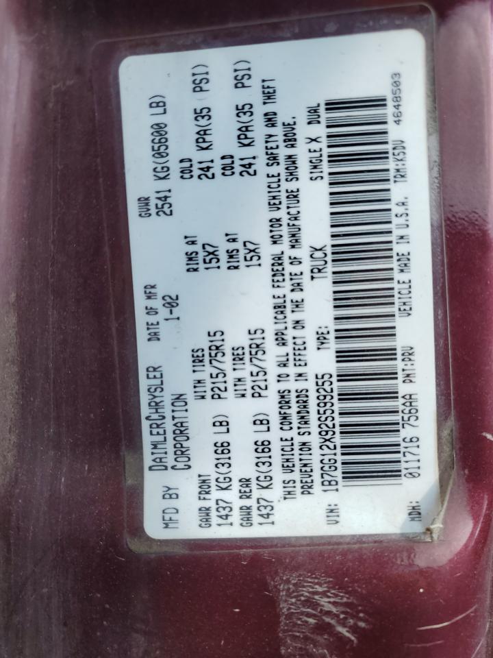 2002 Dodge Dakota Base VIN: 1B7GG12X92S599255 Lot: 68553285