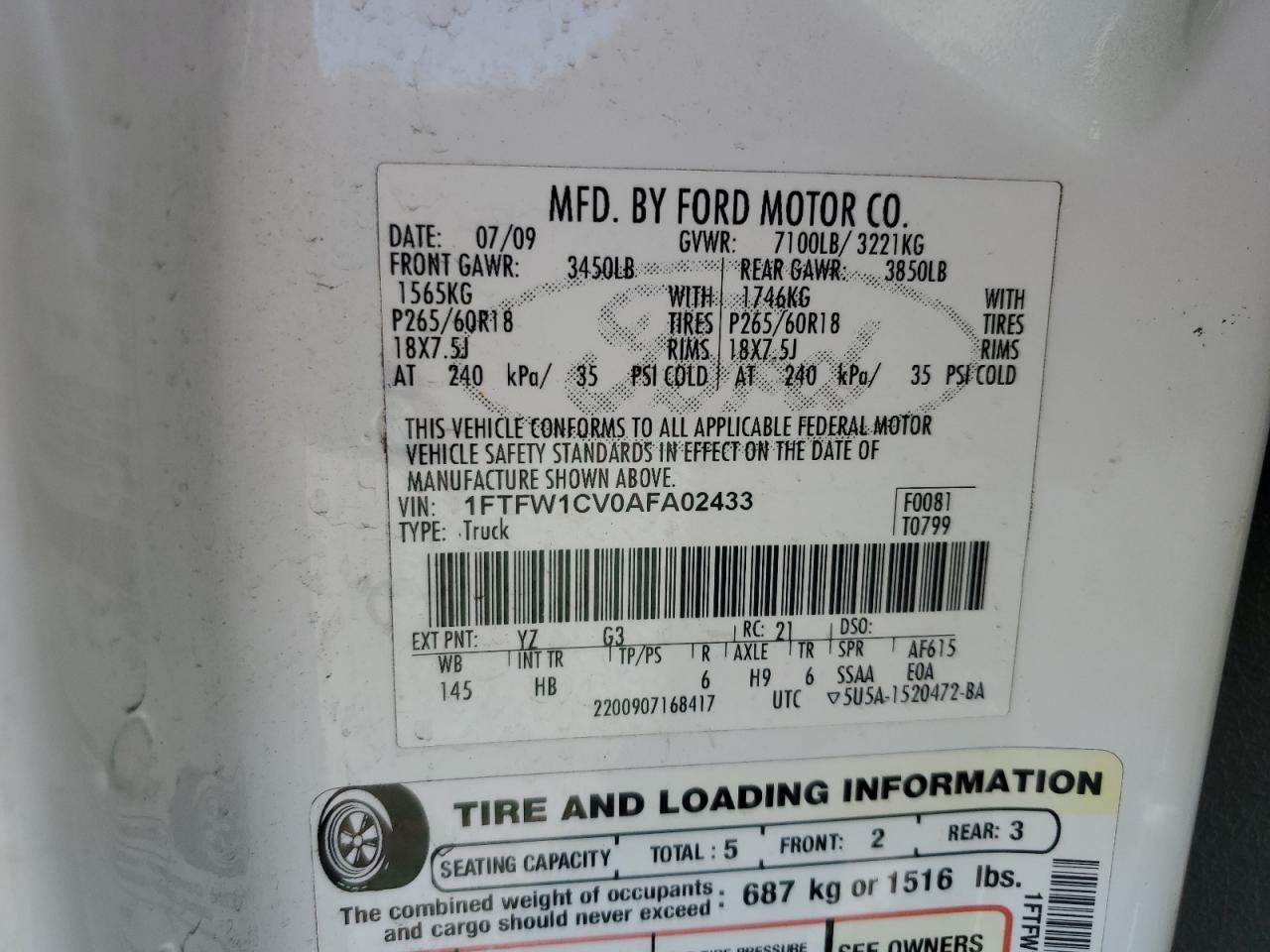 2010 Ford F150 Supercrew VIN: 1FTFW1CV0AFA02433 Lot: 69320225