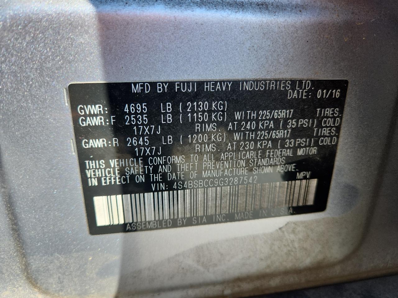 2016 Subaru Outback 2.5I Premium VIN: 4S4BSBCC9G3287542 Lot: 69023535