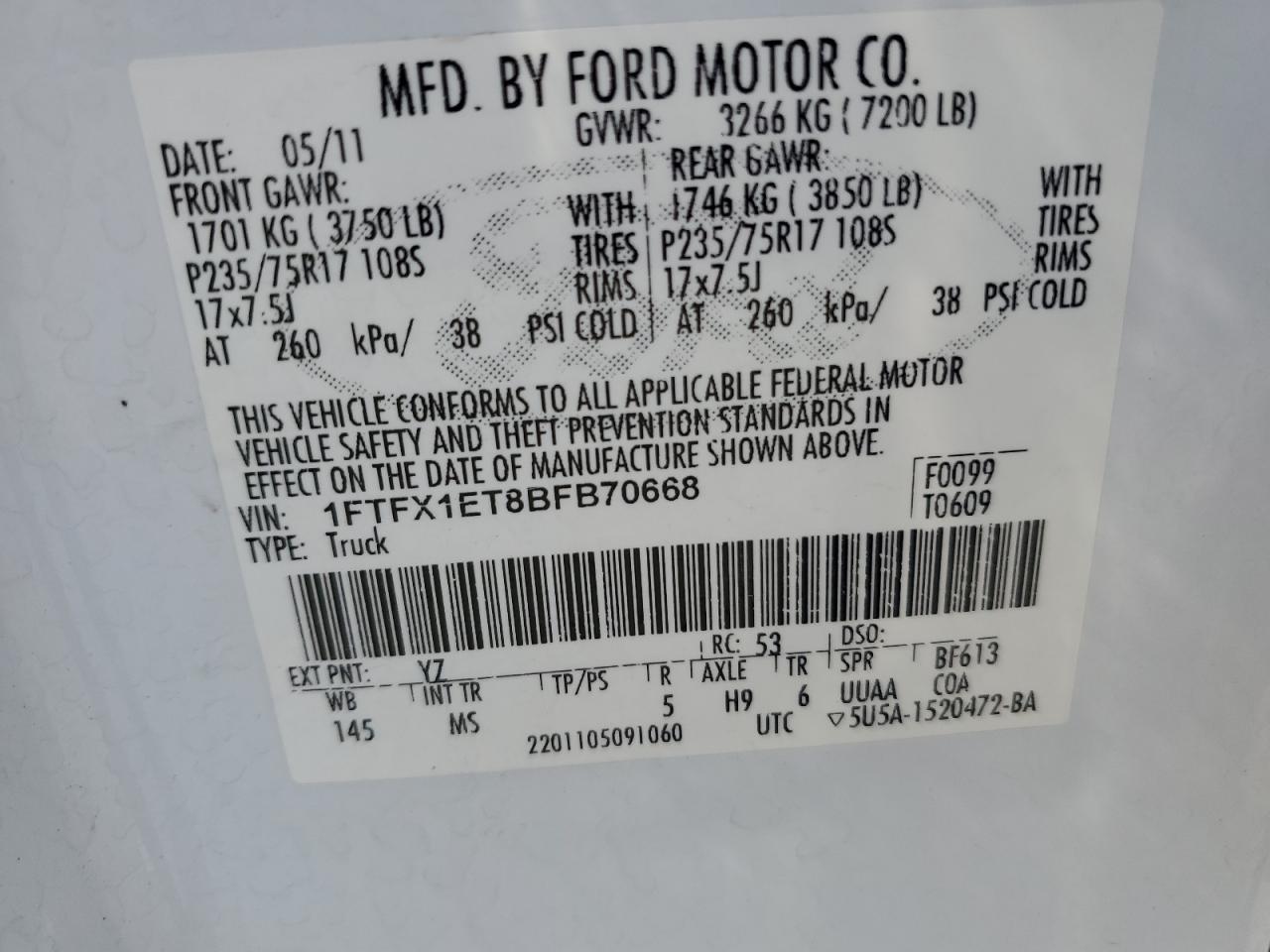 2011 Ford F150 Super Cab VIN: 1FTFX1ET8BFB70668 Lot: 67796365