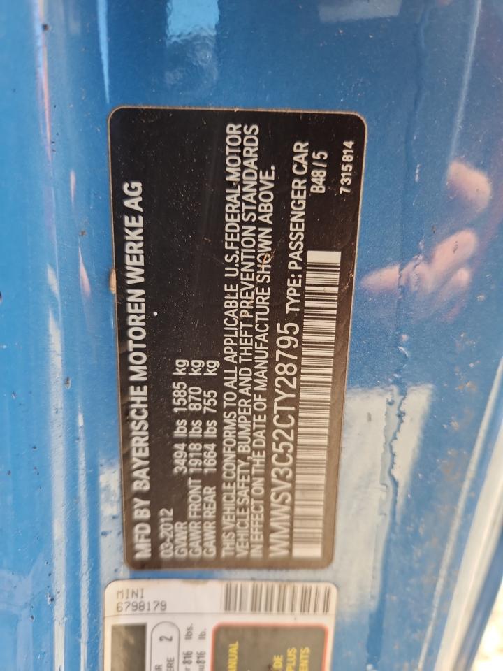 2012 Mini Cooper S VIN: WMWSV3C52CTY28795 Lot: 70912955
