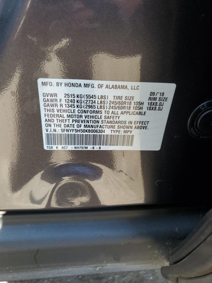 2019 Honda Pilot Exl VIN: 5FNYF5H50KB006304 Lot: 66747675