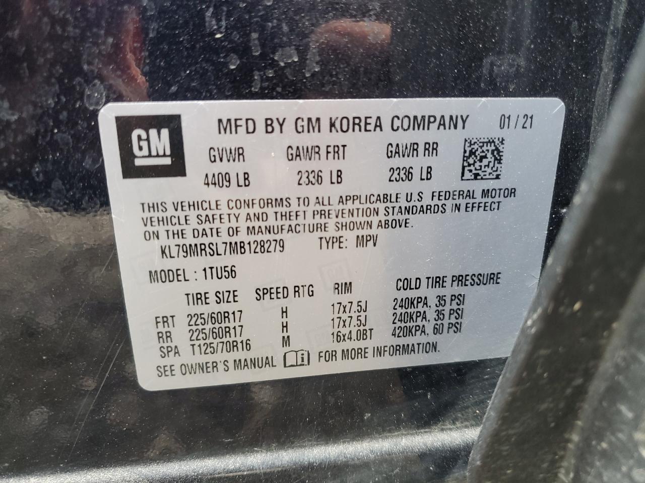 2021 Chevrolet Trailblazer Lt VIN: KL79MRSL7MB128279 Lot: 68681705