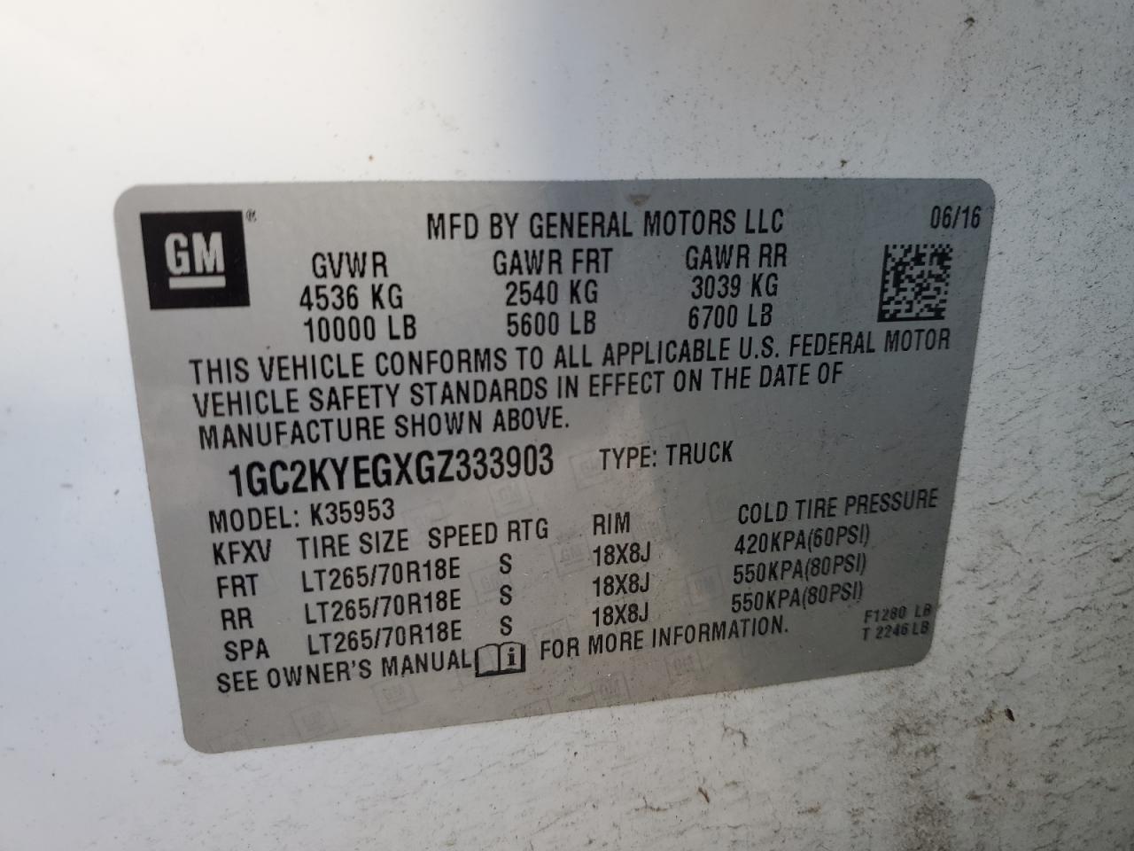 2016 Chevrolet Silverado K3500 VIN: 1GC2KYEGXGZ333903 Lot: 69098245