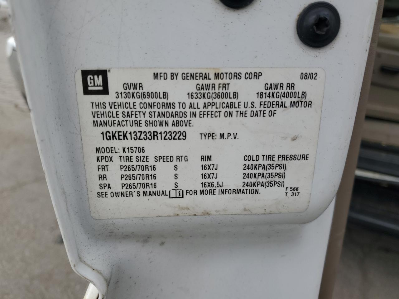 2003 GMC Yukon VIN: 1GKEK13Z33R123229 Lot: 69672195