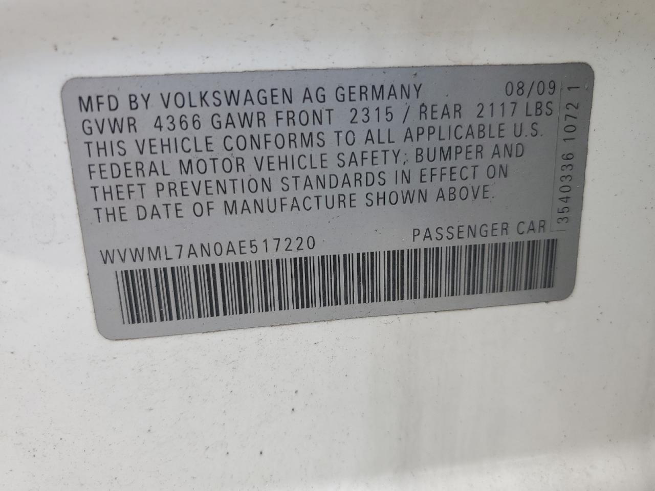 2010 Volkswagen Cc Sport VIN: WVWML7AN0AE517220 Lot: 71073925