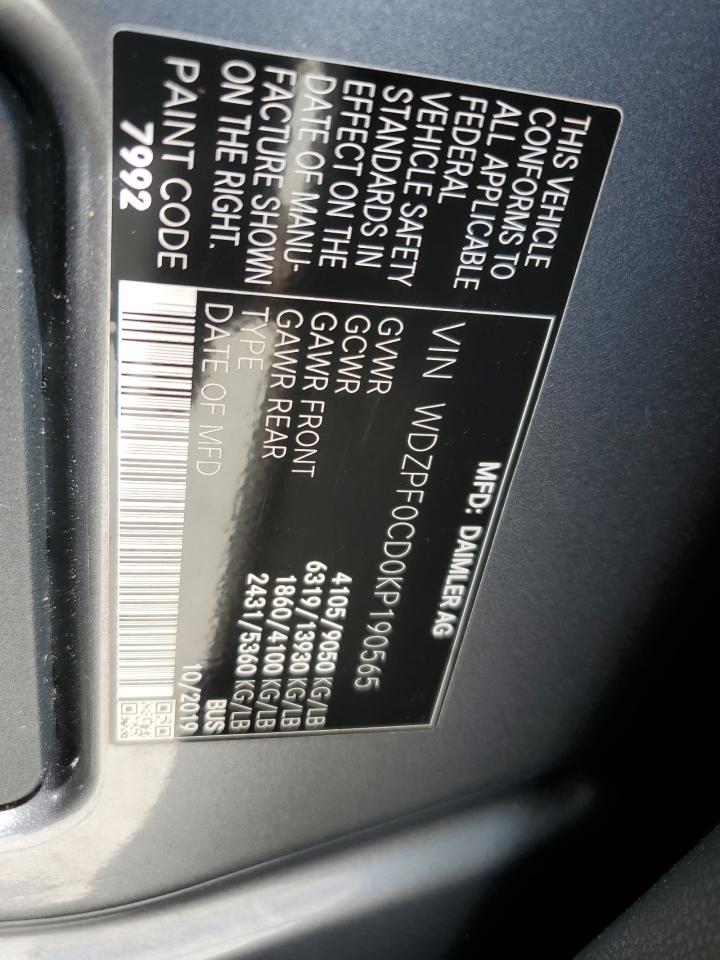 2019 Mercedes-Benz Sprinter 2500/3500 VIN: WDZPF0CD0KP190565 Lot: 69003015