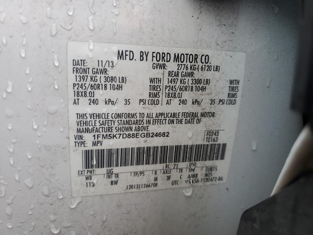 2014 Ford Explorer Xlt VIN: 1FM5K7D88EGB24682 Lot: 70748065