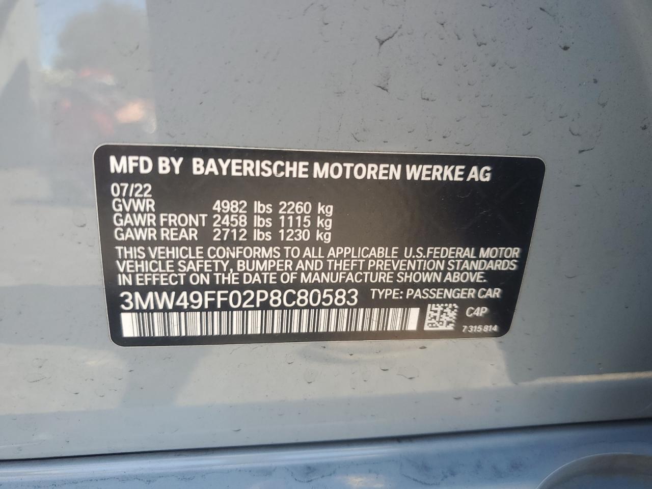 2023 BMW M340Xi VIN: 3MW49FF02P8C80583 Lot: 69690675