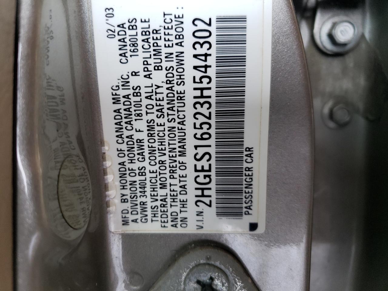 2003 Honda Civic Lx VIN: 2HGES16523H544302 Lot: 68223515