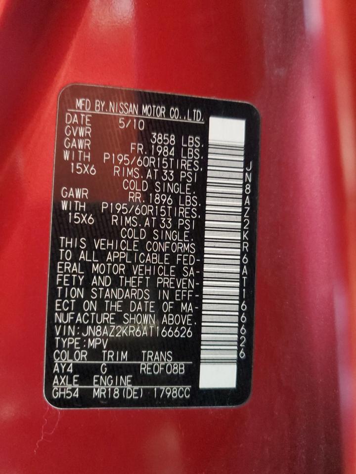 2010 Nissan Cube Base VIN: JN8AZ2KR6AT166626 Lot: 68786235