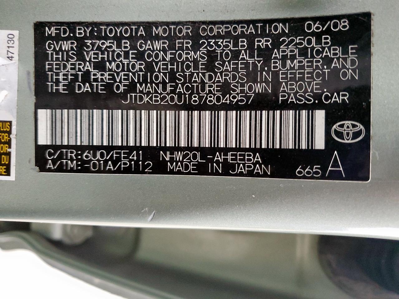 2008 Toyota Prius VIN: JTDKB20U187804957 Lot: 70996195