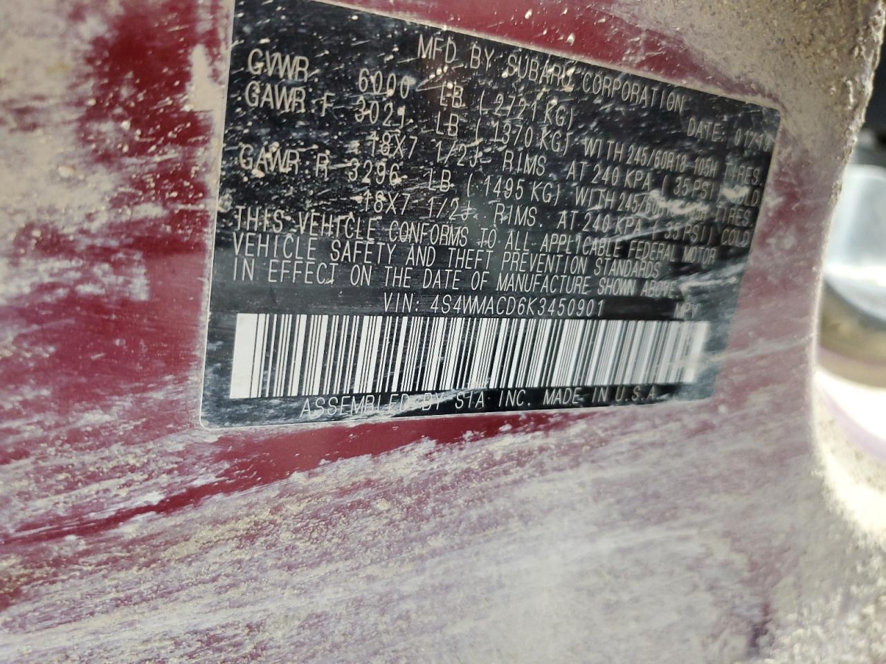 2019 Subaru Ascent Premium VIN: 4S4WMACD6K3450901 Lot: 67123055