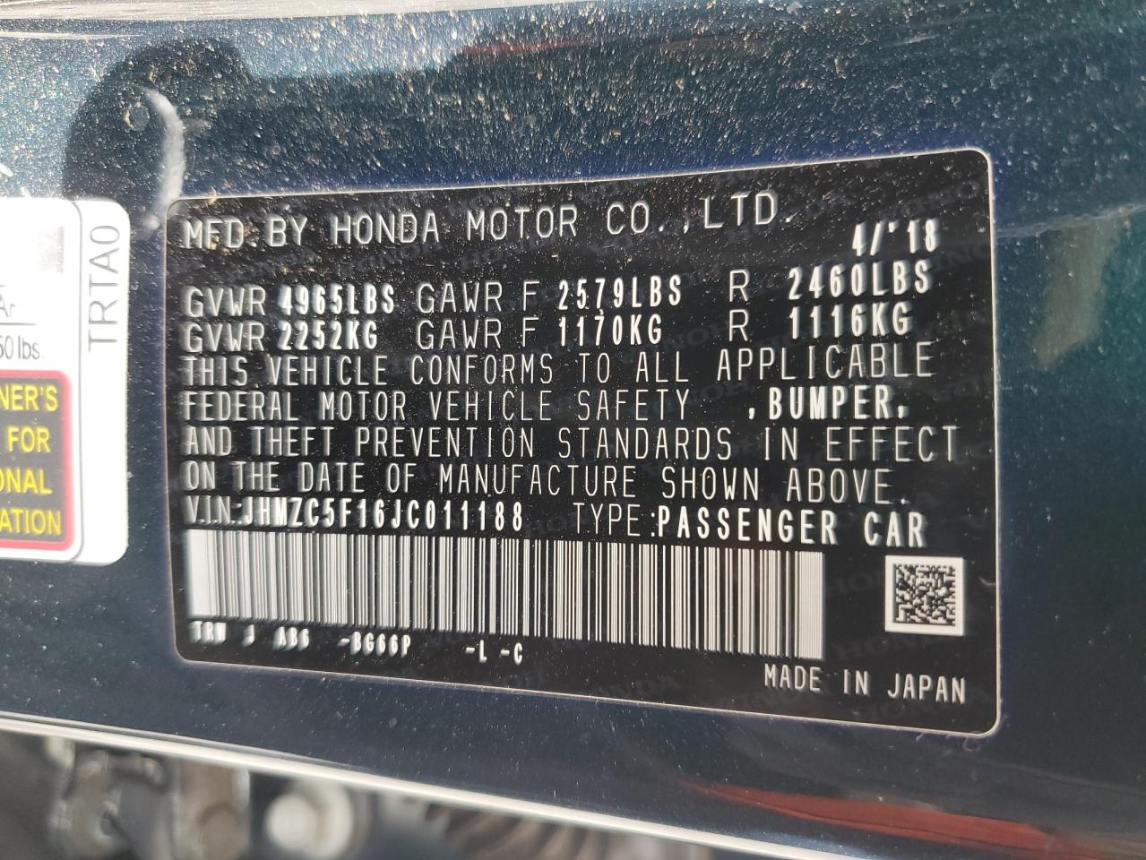 2018 Honda Clarity VIN: JHMZC5F16JC011188 Lot: 67566055