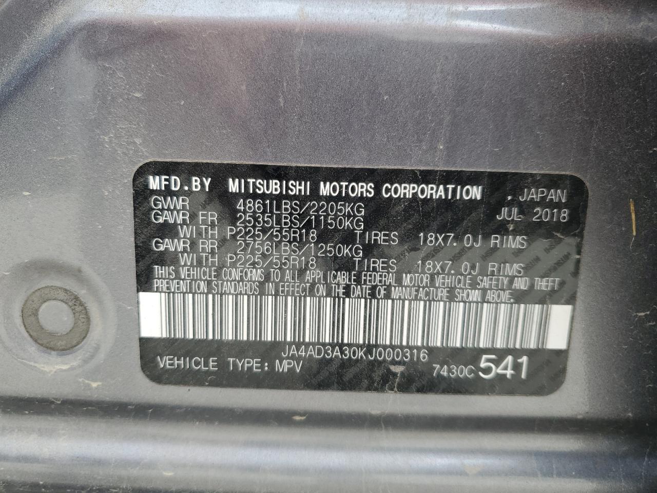 2019 Mitsubishi Outlander Se VIN: JA4AD3A30KJ000316 Lot: 68860135