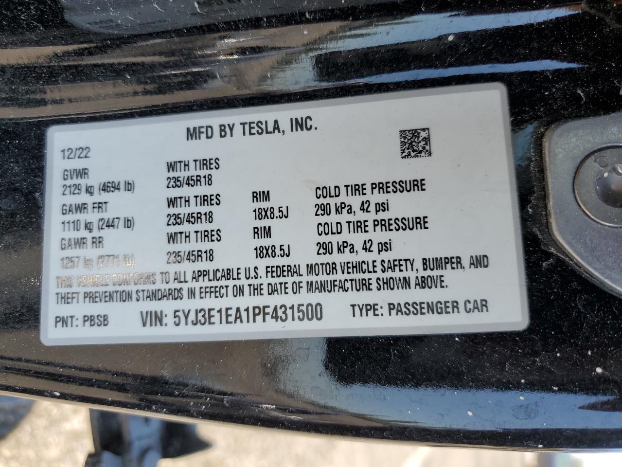 2023 Tesla Model 3 VIN: 5YJ3E1EA1PF431500 Lot: 70957665