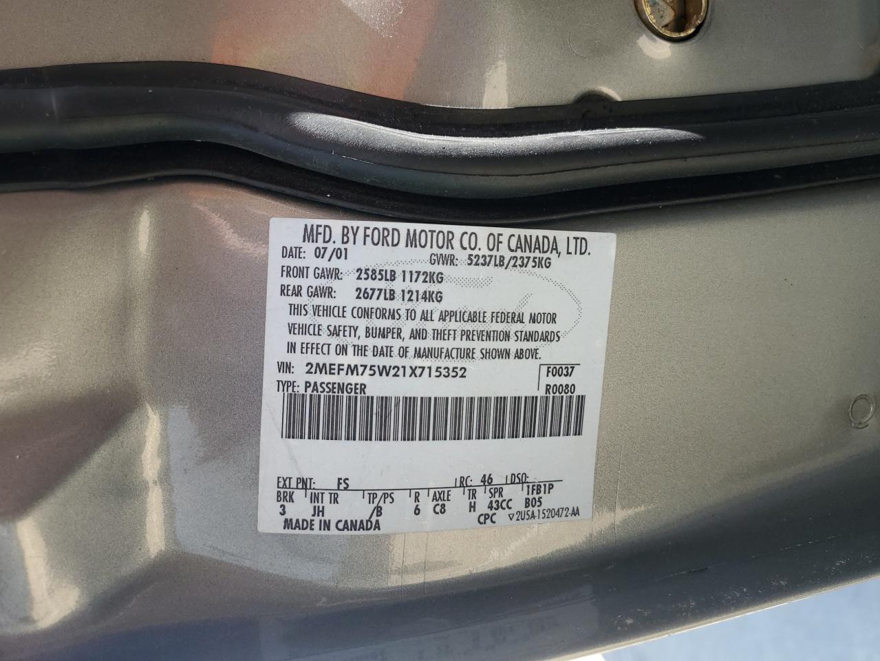 2001 Mercury Grand Marquis Ls VIN: 2MEFM75W21X715352 Lot: 70619575