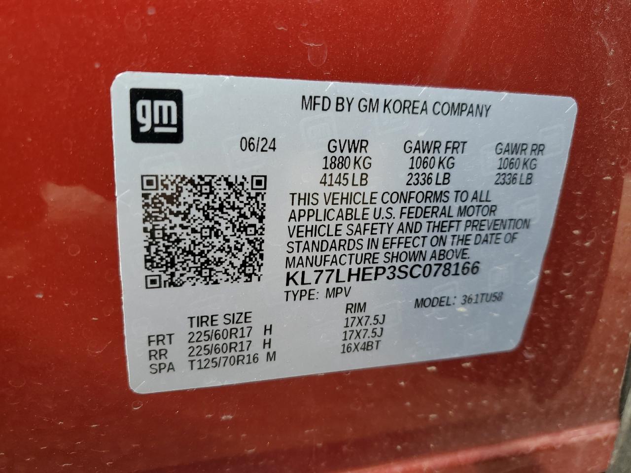 2025 Chevrolet Trax 1Lt VIN: KL77LHEP3SC078166 Lot: 70809325