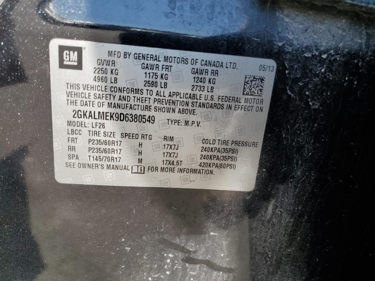 2013 GMC Terrain Sle VIN: 2GKALMEK9D6380549 Lot: 68780285