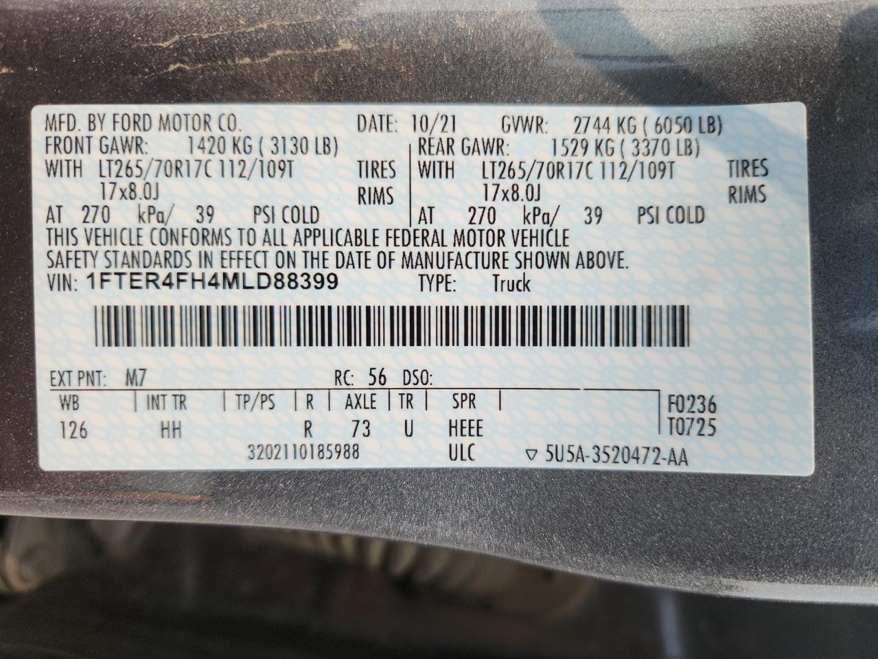 2021 Ford Ranger Xl VIN: 1FTER4FH4MLD88399 Lot: 69880145