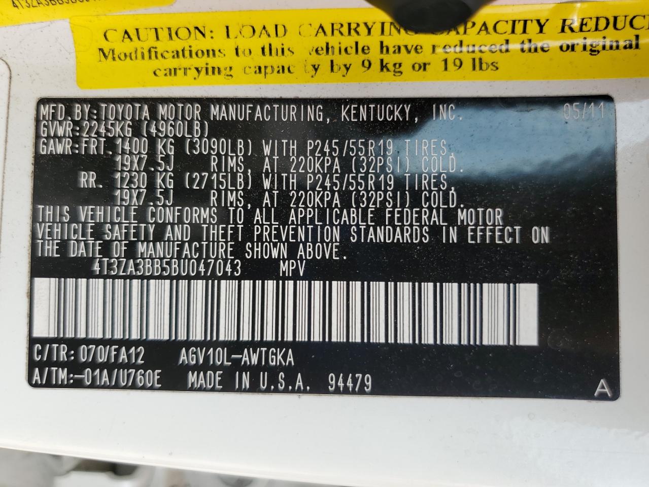2011 Toyota Venza VIN: 4T3ZA3BB5BU047043 Lot: 69078175