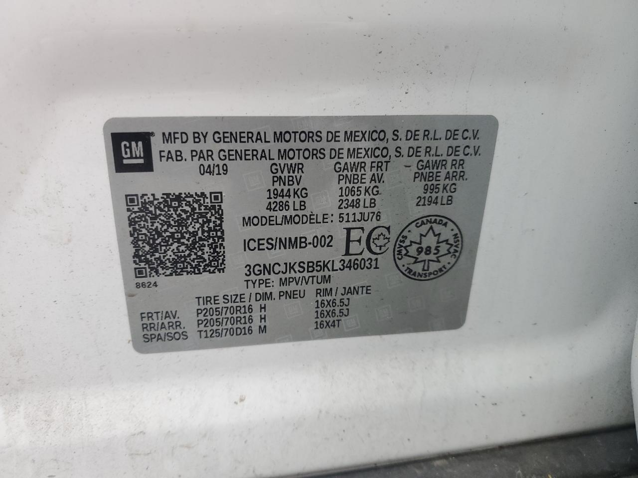 2019 Chevrolet Trax Ls VIN: 3GNCJKSB5KL346031 Lot: 69294825