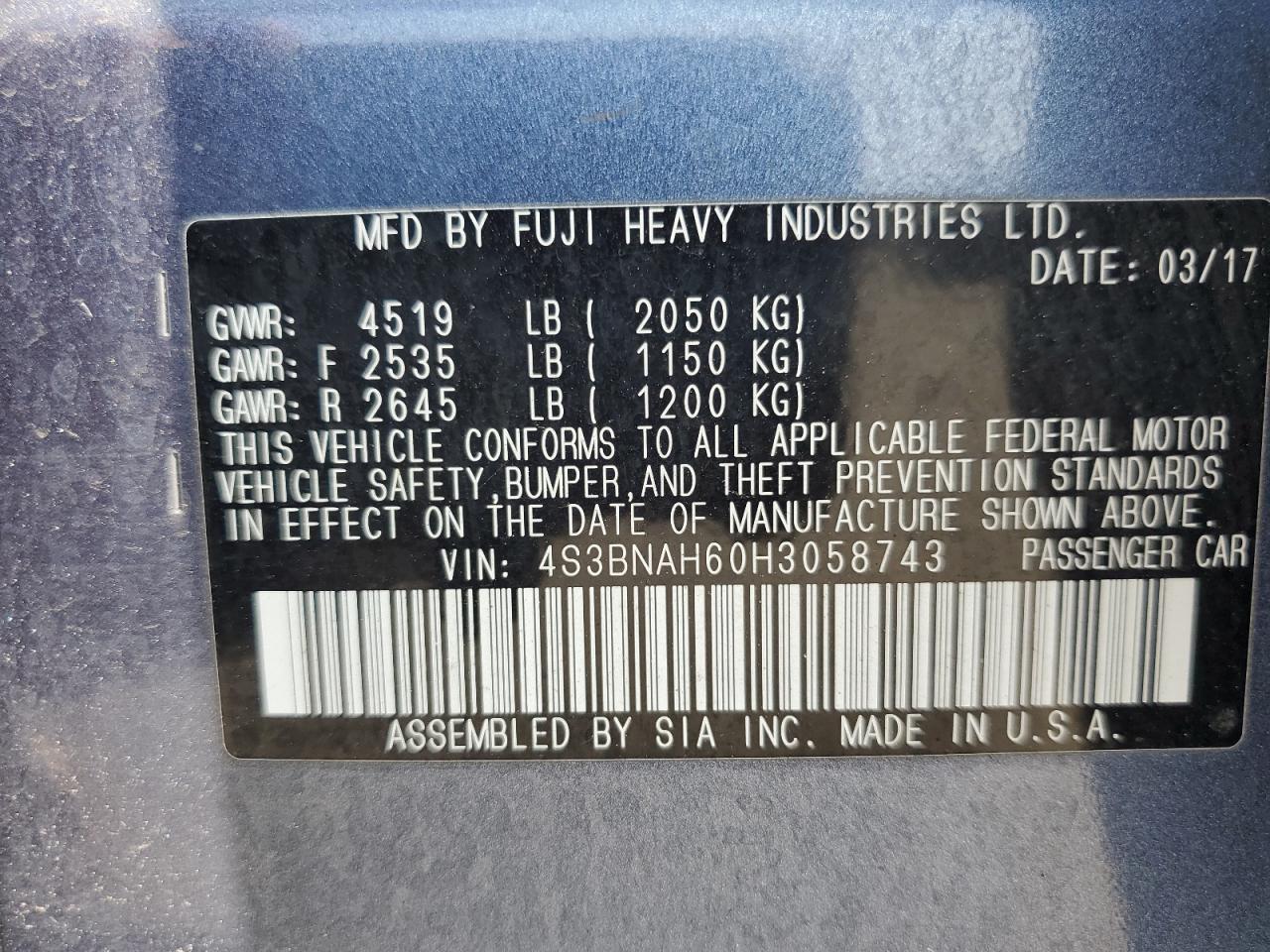 2017 Subaru Legacy 2.5I Premium VIN: 4S3BNAH60H3058743 Lot: 68343165