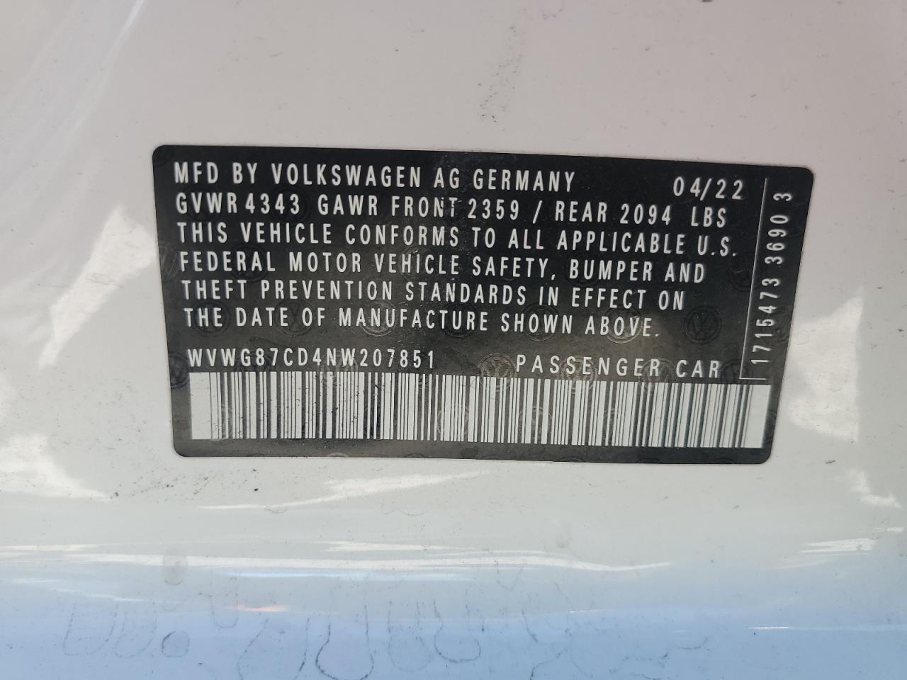 2022 Volkswagen Gti S VIN: WVWG87CD4NW207851 Lot: 67971805