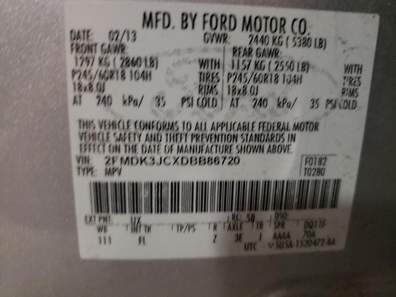 2013 Ford Edge Sel VIN: 2FMDK3JCXDBB86720 Lot: 69608315