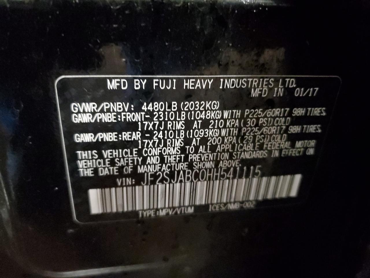 2017 Subaru Forester 2.5I VIN: JF2SJABC0HH541115 Lot: 67779195