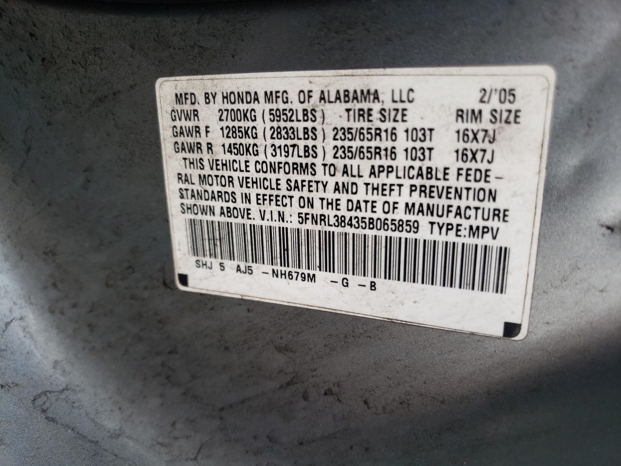 2005 Honda Odyssey Ex VIN: 5FNRL38435B065859 Lot: 68864945