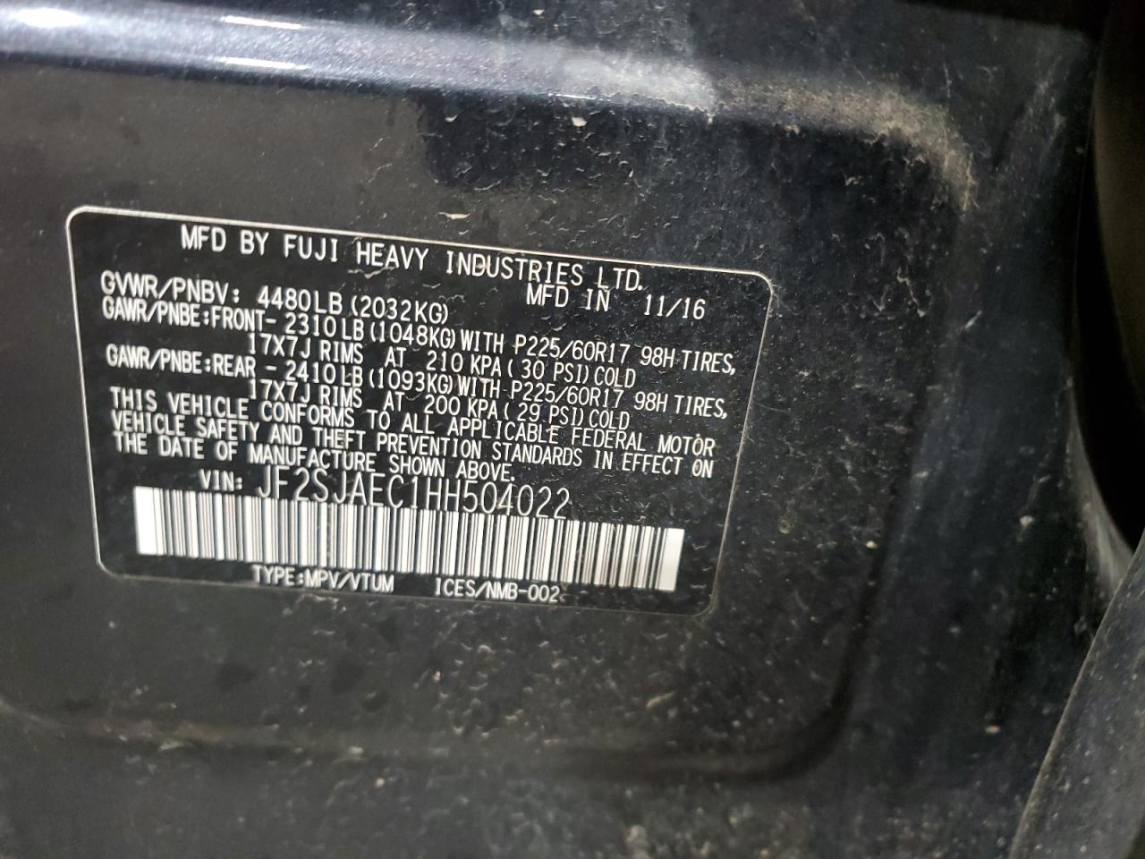 2017 Subaru Forester 2.5I Premium VIN: JF2SJAEC1HH504022 Lot: 68843655