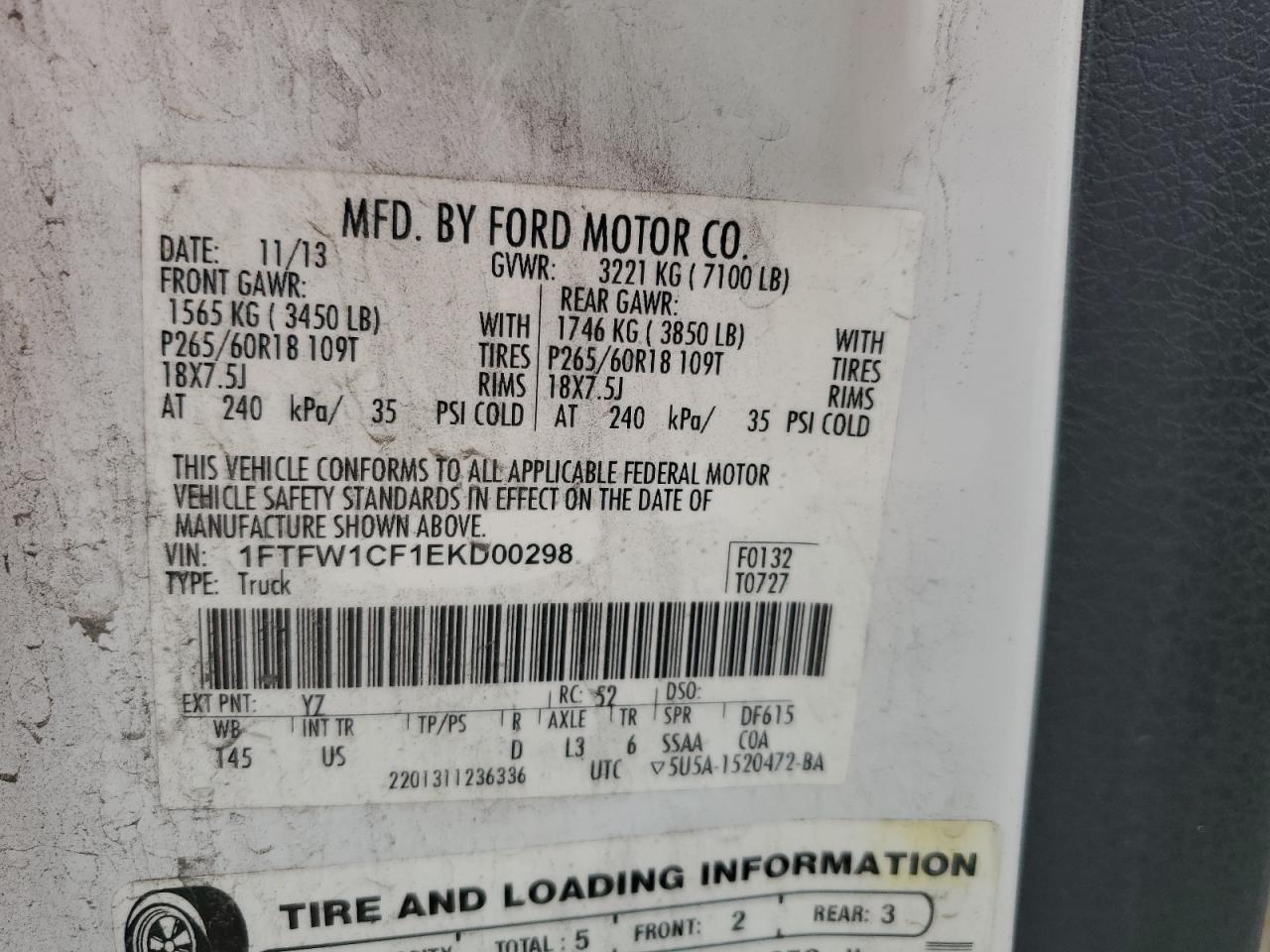 2014 Ford F150 Supercrew VIN: 1FTFW1CF1EKD00298 Lot: 69136965