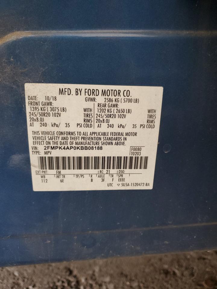 2019 Ford Edge St VIN: 2FMPK4AP0KBB08188 Lot: 68012745