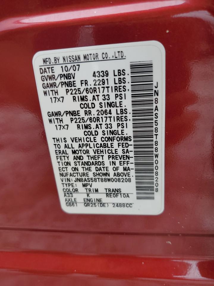 2008 Nissan Rogue S VIN: JN8AS58T88W008208 Lot: 67270485