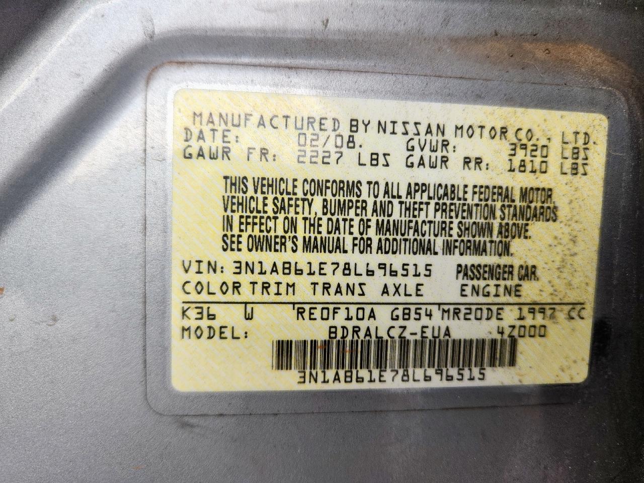 2008 Nissan Sentra 2.0 VIN: 3N1AB61E78L696515 Lot: 69673305