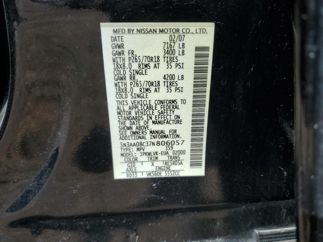 2007 Infiniti Qx56 VIN: 5N3AA08C37N806057 Lot: 69436975