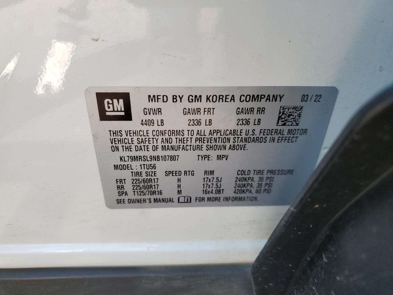 2022 Chevrolet Trailblazer Lt VIN: KL79MRSL9NB107807 Lot: 68775845