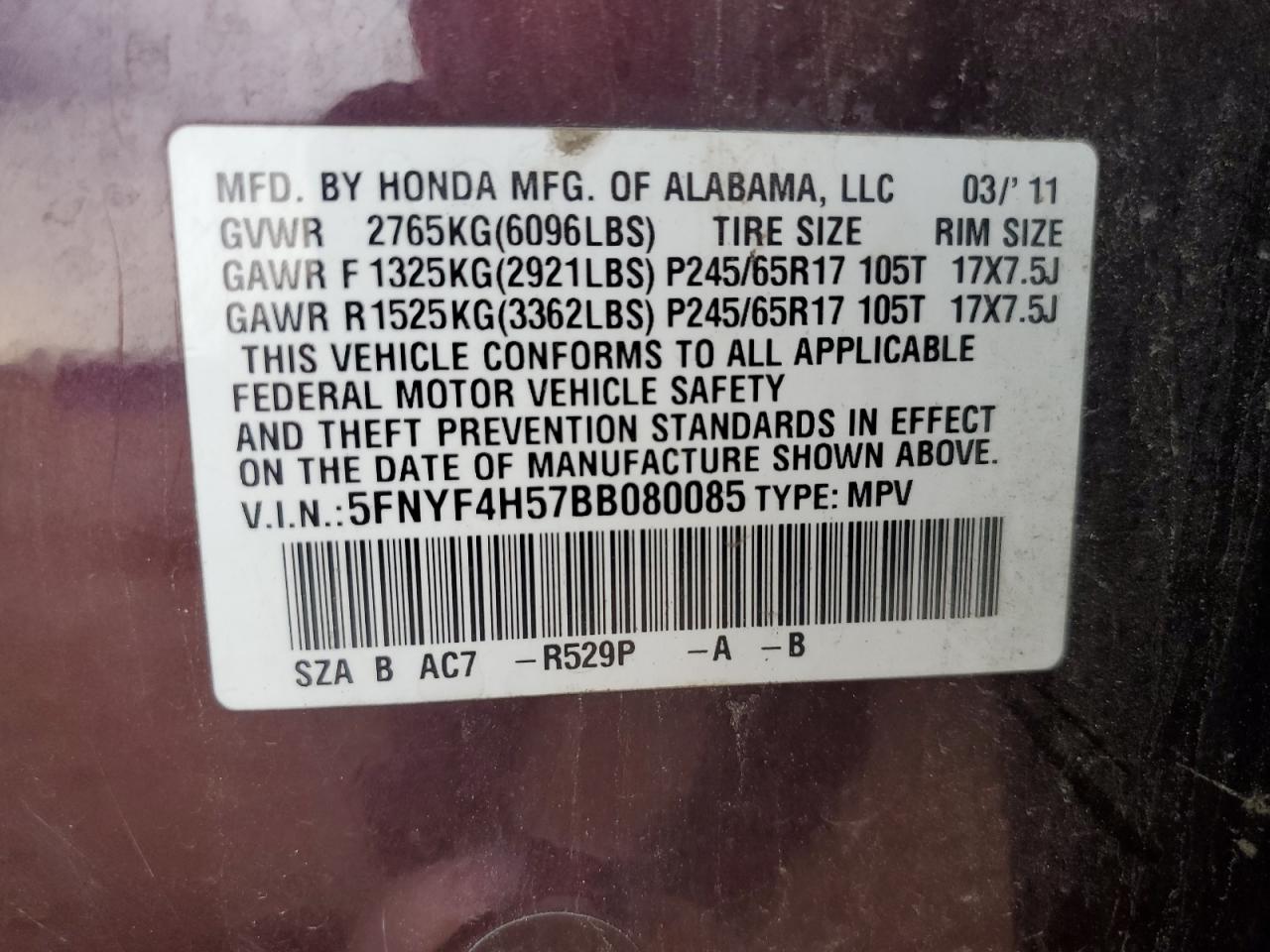 2011 Honda Pilot Exl VIN: 5FNYF4H57BB080085 Lot: 71178865