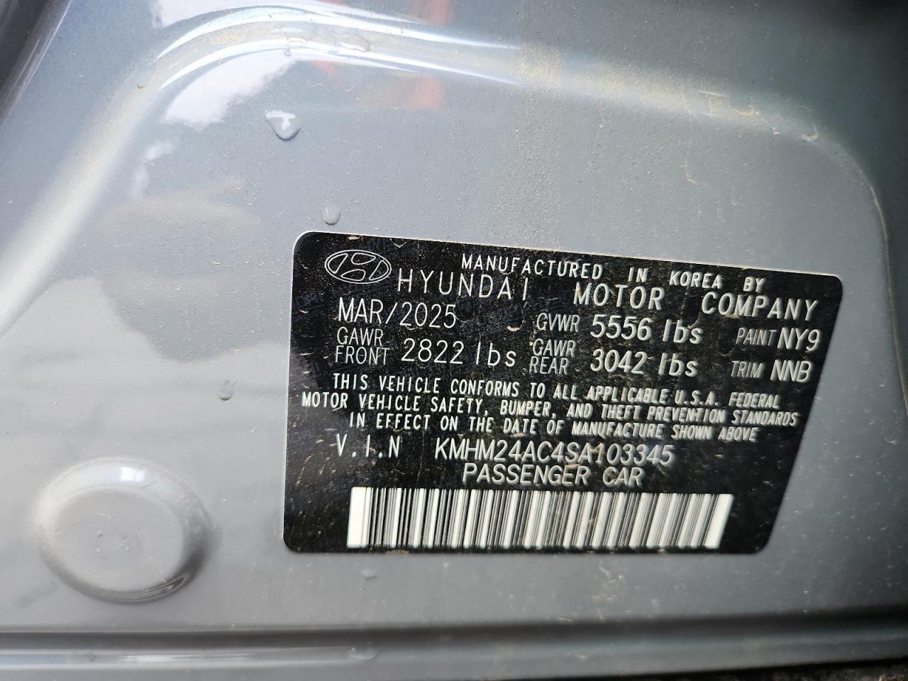 2025 Hyundai Ioniq 6 Se VIN: KMHM24AC4SA103345 Lot: 69222155