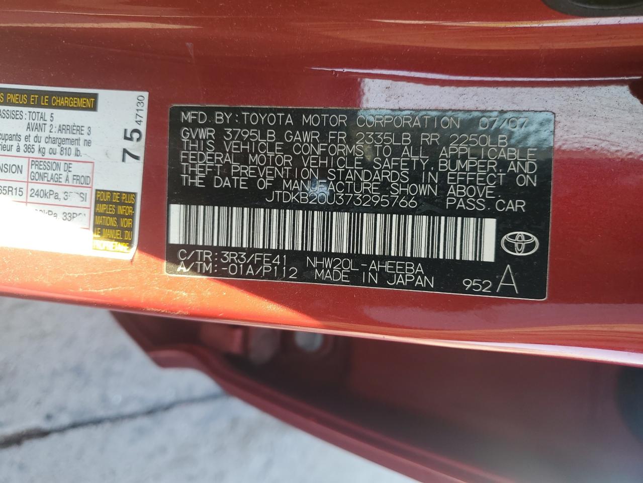 2007 Toyota Prius VIN: JTDKB20U373295766 Lot: 68355555