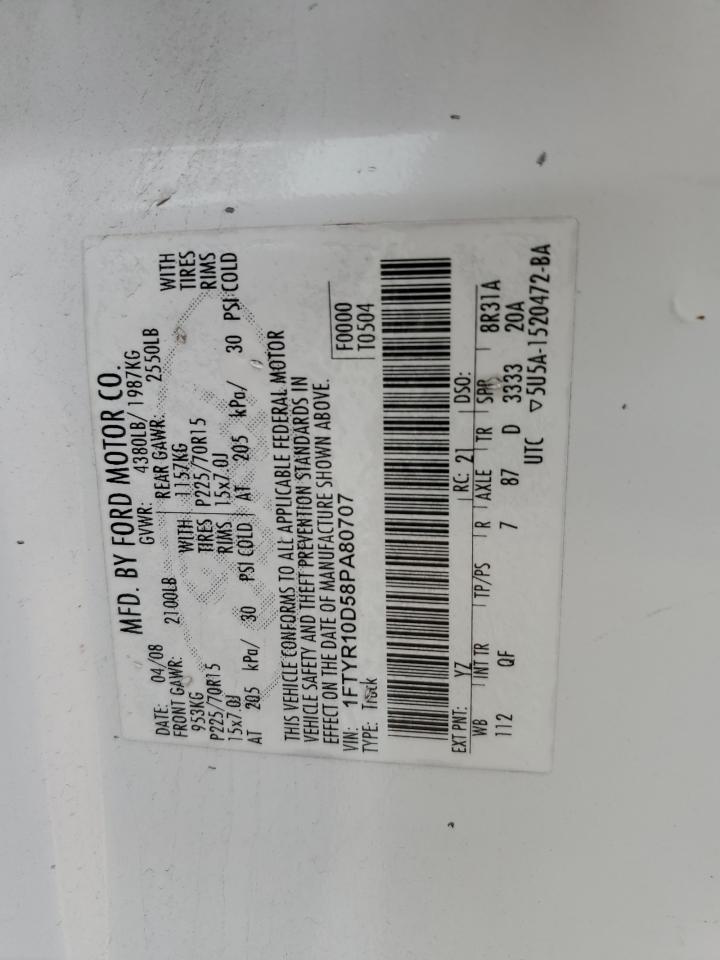 2008 Ford Ranger VIN: 1FTYR10D58PA80707 Lot: 68920185